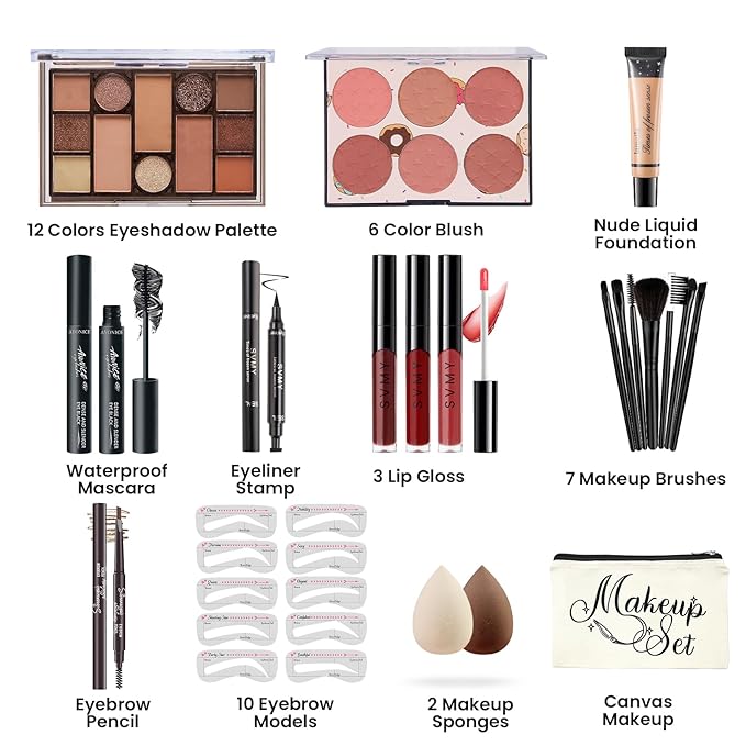 Makeup Kit for Girls Teens, Travel Makeup Kit, Facial Makeup Full Kit, Makeup Present Set for Beginners & Professionals, Cosmetic Bag Include Pigmented Blendable Eyeshadow Palette-VeraVaultWomen
