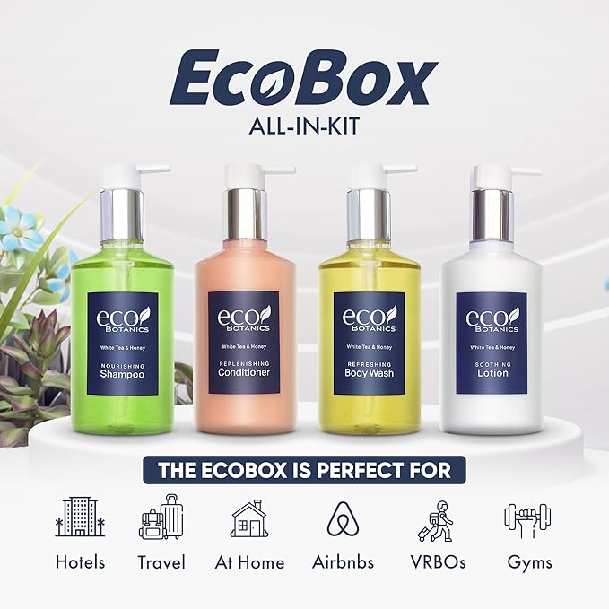 1-Shoppe Eco Botanics 10 Piece Ecobox All-In-Kit | White Tea and Honey Soap | 3 Shampoo, 2 Conditioner, 3 Body Wash & 2 Lotion | 10.14oz Hotel Soaps and Toiletries Bulk | Personal Care Products-VeraVaultWomen