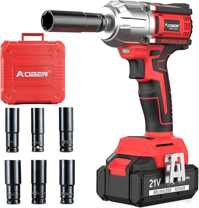 AOBEN 21V Cordless High Torque Impact Wrench 1/2 inch, Powerful Brushless Motor with Max Torque 450 ft-lb (600N.m), 4.0Ah Battery, 6 PCS Sockets (17-22mm), Fast Charger and Tool Box