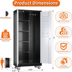 71" H Broom Closet Storage Cabinet with Wheels,Rolling Tool Cabinet with Lockable and Magnetic Doors,Adjustable Shelves and Pegboard for Garage Warehouse Home,Required Assembly,Black and White