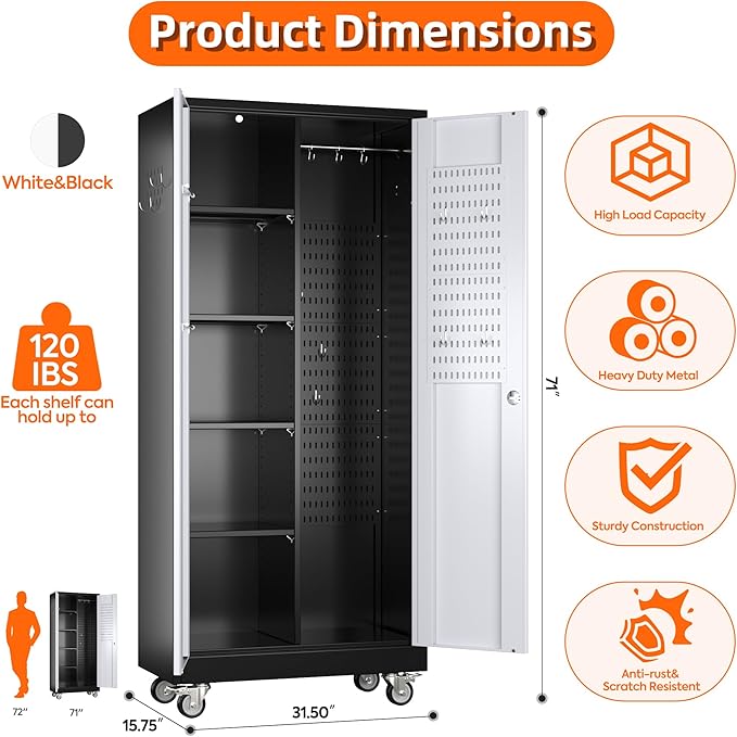 71" H Broom Closet Storage Cabinet with Wheels,Rolling Tool Cabinet with Lockable and Magnetic Doors,Adjustable Shelves and Pegboard for Garage Warehouse Home,Required Assembly,Black and White