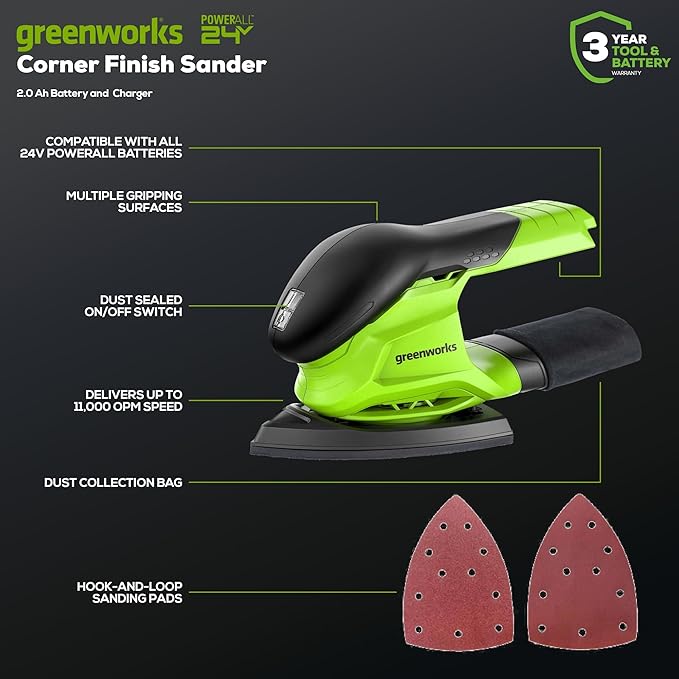 Greenworks 24V Cordless Mouse Detail Sander, Wood Sander with 11,000 OPM, Removable Dust Collection Bag, 2Ah Battery & Charger