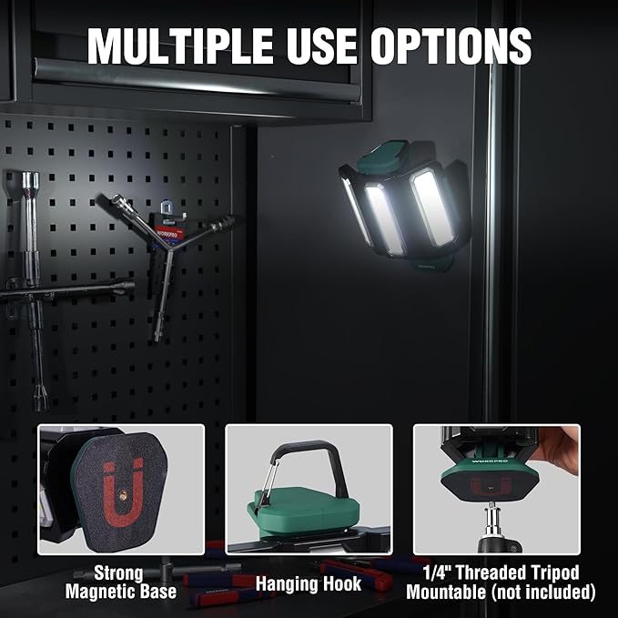 WORKPRO Rechargeable USB-C LED Work Light, Foldable Magnetic Light with Hanging Hook, 270° Rotatable, Tripod Mountable, Cordless Flashlight Light for Garage, Workshop, Auto Repair, Camping