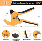 Mulwark PVC Pipe Cutter Tool Cuts up to 1-5/8", Heavy-Duty Aluminum Ratchet Cutter with Extra 3PC Teflon Tape and 1PC Blade for Cutting PVC, PPR, PE and Rubber Hose