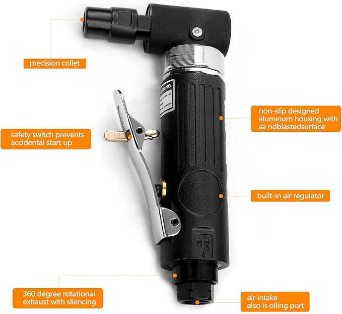 Air Die Grinder - 1/4", Right Angle, 20,000 RPM, Pneumatic Power, Safety Lock, 90 Degree, Mini, Angle Die Grinder for Grinding, Polishing, Cutting and More