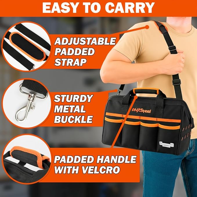 15 Inch Tool Bag with 16 Pockets Foldable Close Top Wide Mouth Tool Bag Organizer with Handle & Padded Adjustable Strap, Heavy Duty, Waterproof