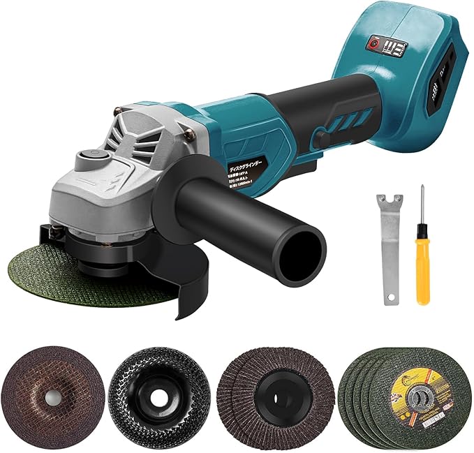 Angle Grinder, 4inch Cordless Angle Grinder, 18V/21V Grinder with 9 Grinding Wheels, 12000RMP Power Grinder Compatible with Makita Battery, Cutting/Deburring Grinder Tool (Battery sold Separately)