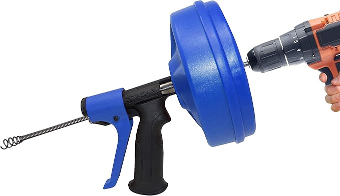 DrainX SPINFEED 35 Foot Snake Drum Auger | Drill Power or Manual Use - Auto Extend and Retract Snake | Work Gloves and Storage Bag Included