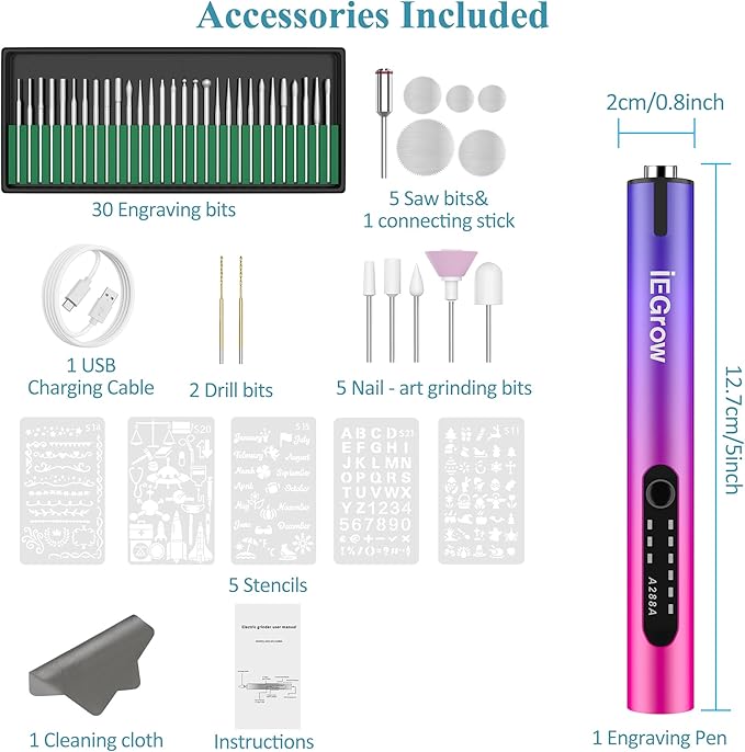 Electric Engraving Pen with Light, Mini DIY Electric Etching Machines with 44 Bits,USB Rechargeable Cordless Rotary Tool,Engraving Pen for Metal, Wood, Glass and Plastic（Gradient Purple）