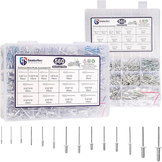 560 Pcs 14 Sizes Pop Rivets Assortment Kit, Aluminum Rivets, 3/32" 1/8" 5/32" 3/16" 1/4" Blind Rivets for Metal, Dome Head rivet kit(Silver)