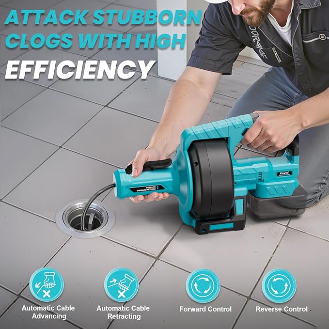 Ecarke Cordless Drain Auger 25Ft Compatible with Makita 18V Battery: 610 RPM Electric Plumbing Snake Drain Auger Spiral Machine, Powerful Drain Cleaner With Towel & Gloves for Kitchen,Sewer(Tool Only)