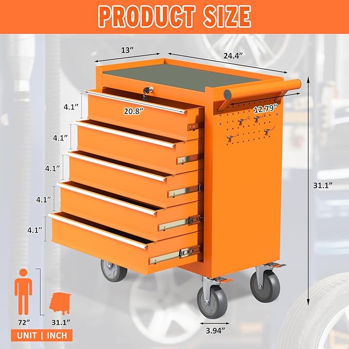 5 Drawers Large Capacity Tool Box, Metal Rolling Tool Chest with Wheels and Drawers, Tool Storage Cabinet with Keyed Locking, Tool Organizer Box for Garage, Workshop, Warehouse (Orange)