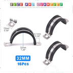 Glarks 16Pcs 32MM 2 Hole U-Tube Strap Clamp Set 304 Stainless Steel Rubber Cushion Rigid Pipe Strap U Bracket Tube Strap Assortment Kit For Pipe Tube Fixing (32mm)