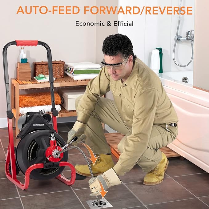 PIONEERWORKS 75Ft x 1/2 Inch Drain Cleaner Machine, Auto-feed Electric Drain Auger Professional for 2 to 4 Inch Pipes, with 6 Cutters, Glove, Drain Auger Cleaner Sewer Snake