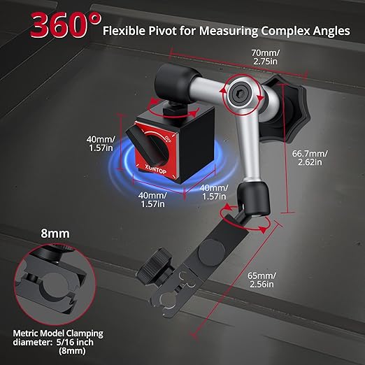 0-1inch/0.0005inch Dial Digital Indicator and 90lbs (40kg) Magnetic Base Magnetic Electronic Indicator with 3 Adjustable Joints 5/16 inch (8mm) Clamping Diameter for Lathe CNC 3D Printer