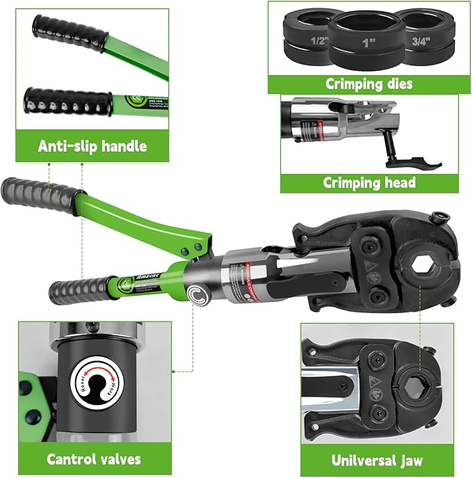 AMZCNC ProPress Tool Copper Tube Fittings Hydraulic Copper Pipe Crimping Tool with 1/2 inch,3/4 inch and 1 inch Jaws Copper Pipe Press Crimpers Pressing Pliers,Suit for Narrow Space and Tee Fittings