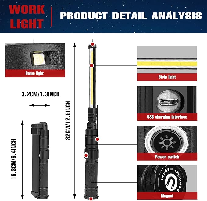 Rechargeable Work Light, 360° Rotate Design, Magnetic LED Work Light Foldable Flashlight,5 Lighting Modes,Mechanic Light, Portable Outdoor Lamp for Car Repair,Camping, Emergency