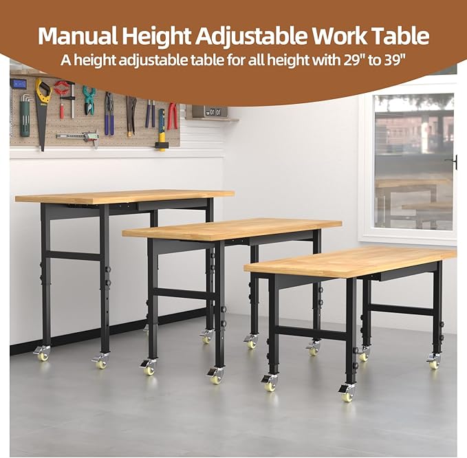 48" Adjustable Workbench, Work Bench Table with Wheels and Power Outlet, Rolling Workbench with Drawers, Large Load Capacity Garage Workbench for Workshop,Office,Home
