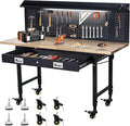 60" Heavy Duty Adjustable Workbench with Drawer Storage, Large Pegboard & Strip Light - 2000 LBS Capacity, 4 Lockable Casters for Garage, Workshop, Home