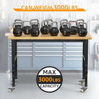 48" Adjustable Workbench,Heavy-Duty Work Table,3000 LBS Load Capacity Hardwood Workstation with Wheels,for Workshop, Garage