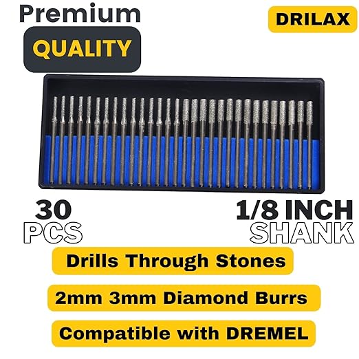 Drilax 30-Pc Diamond Drill Bit Set | 15x 2mm & 15x 3mm | 1/8" Shank Dremel Compatible for Glass, Sea Glass, Gemstones & Lapidary