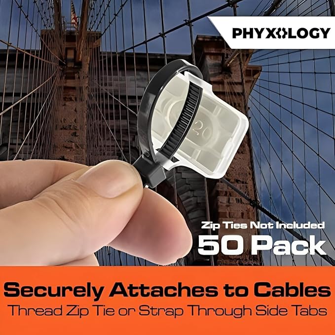Heavy Duty Zip Tie Labels for Cables and Cords, 50Pk. Durable, Protective Box Attaches to Zip Ties for Cord and Cable Organization. Best Reusable Wire Management Ties. Includes Easy Write Inserts