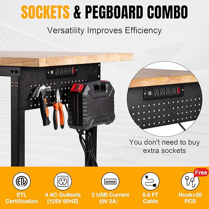 Height Adjustable Workbench 60”×22” Heavy Duty Work Table 2000 LBS Load Capacity Rubber Wood Work Station with Power Outlet & Pegboard for Garage, Office, Workshop, Home, Party Shop