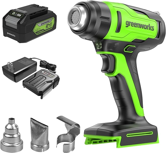 Greenworks 24V Cordless Heat Gun Kit, 4.0Ah Battery & Charger Included - Hot Air Tool, Max to 1000℉/538℃ with 3 Nozzles for Home, Garage, Outdoors