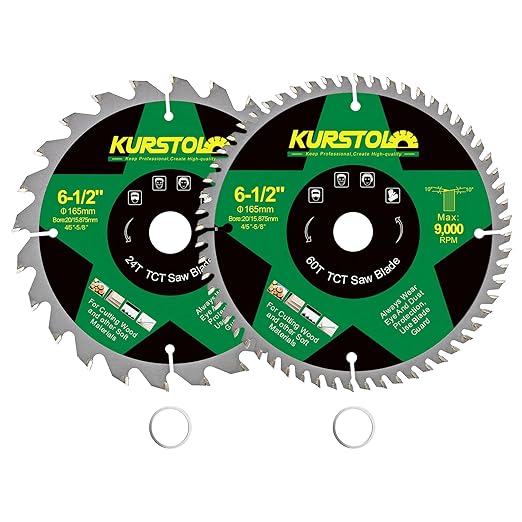 Circular Saw Blade 6-1/2 Inch - 24&60T ABT Wood Cutting Saw Blade with 4/5” Arbor for Wood, Plastic, Plywood, Particle Boards, Multilayer Boards(2 Pack)