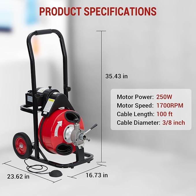 Auto Feed 100 FT x 3/8 Inch Drain Cleaner Machine with 250W Motor, Portable Sewer Snake Auger with 8 Cutters & Air-Activated Foot Switch, Fits 1" to 4" Pipes, Black & Red