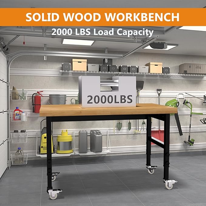 48" Work Bench, Adjustable Height Work Table with Power Outlets and Wheels, 2000 Lbs Capacity Heavy-Duty Hardwood Top Workstation for Garage, Workshop, Office, Home