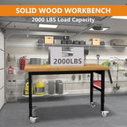 48" Work Bench, Adjustable Height Work Table with Power Outlets and Wheels, 2000 Lbs Capacity Heavy-Duty Hardwood Top Workstation for Garage, Workshop, Office, Home