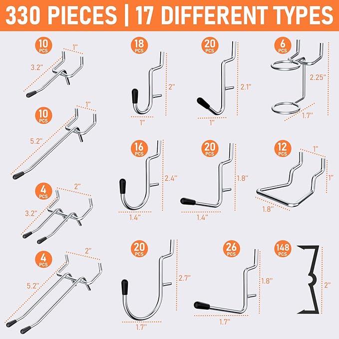 INCLY 330PCS Upgraded Pegboard Accessories Organizer Kit, Peg Board Hooks Assortment with Bins & Cups for Organizing Tools, Fit 1/8 or 1/4 inch Pegboard for Garage Workshop Wall Hanging Tools