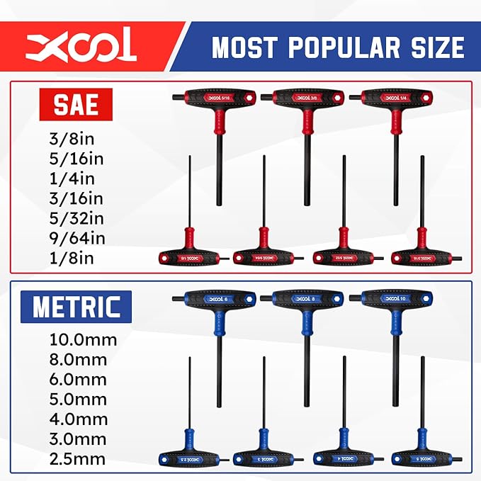 XOOL 14PCS T Handle Allen Wrench Set, Metric & SAE Hex Key Set, Long Arm Hex Key Wrench Set with Portable Organizer