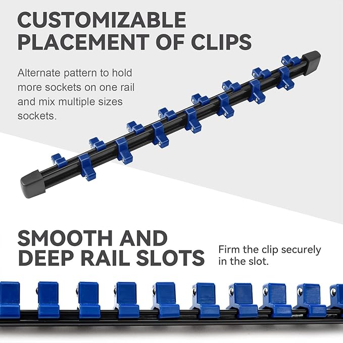 ALOANES 3 PC ABS Socket Organizer, 1/2 inch, Drive Socket Rail Holders, Heavy Duty Socket Racks, Black Rails with Blue Clips