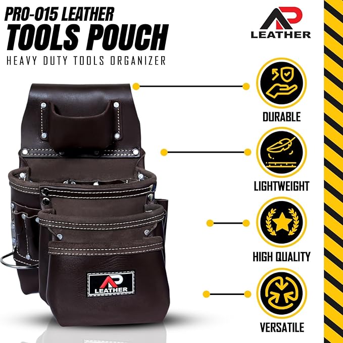 Pro-015 Leather Tool Pouch for Construction,Heavy Duty Hammer Holder,Buckle,3 Pocket Large with Belt, 12 Small Pocket, Tool Organizer