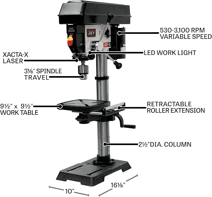 JET 12-Inch Benchtop Drill Press, Variable Speed, 1/2 HP, 115V 1Ph (Model JWDP-12)
