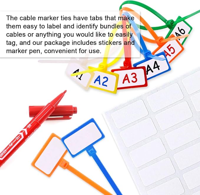 Glarks 150-Pieces 6 Colors 6 Inch Nylon Cable Marker Ties Self-locking Cord Tags Write on Ethernet Label Wire Straps with 3 Marker Pens and 288pcs White Cable Labels for Home and Office Use