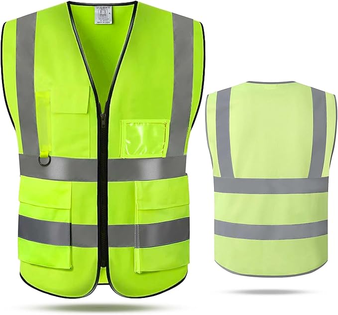 5 Pockets Class 2 High Visibility Safety Vest with Reflective Strips, Pockets Zipper Front Meets