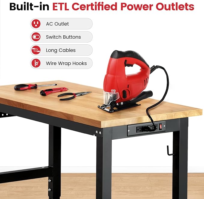 Work Bench for Garage Workbench with Pegboard Adjustable Height Work Table for Shop Woodworking, 48 x 20 Heavy Duty Rubber Wood Top for Office, Home, Commercial