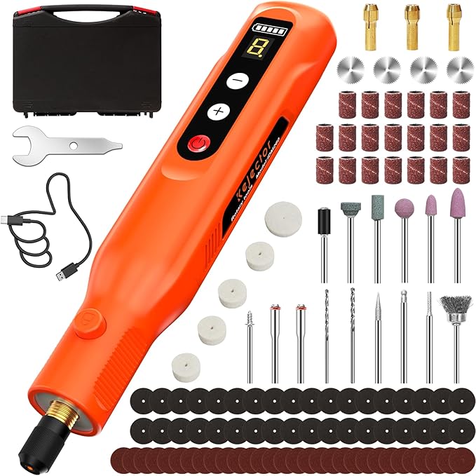 Kejector Cordless Rotary Tool Kit with 113 Accessories Mini Rotary Tool with LED Screen & Ring Light 5-Speed Adjustable for Engraving Sanding, Polishing, Carving, Cutting, DIY Crafts, USB-C Charging