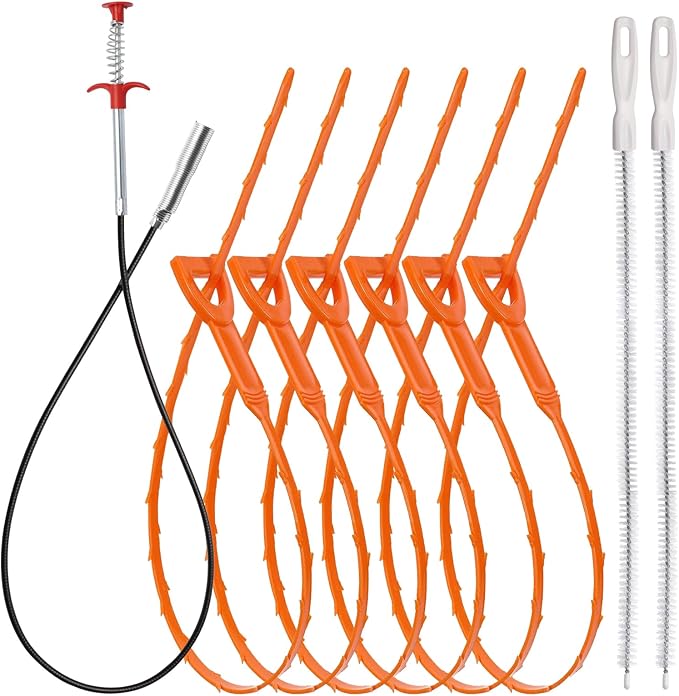 63 Inch Long Stainless Steel Drain Clog Remover (1pcs), 25 inch Drain Snake Hair Remover (6pcs) ＆23.6 inch Cleaning Brush (2pcs) Tool Set for Toilet, Kitchen Sink, Bathroom Tub, Sewer, 9, Pieces Set