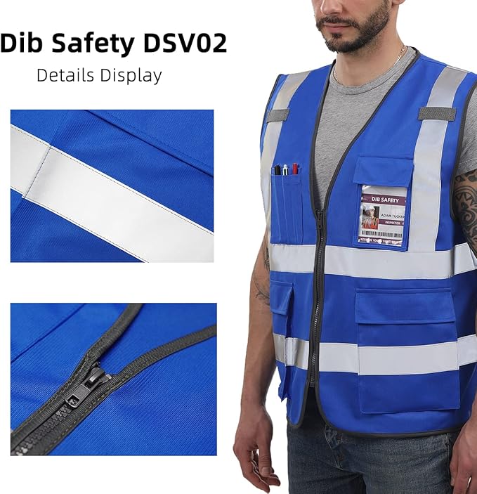 Dib Safety Reflective Vest High Visibility with Pockets and Zipper, Blue 2XL