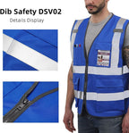 Dib Safety Reflective Vest High Visibility with Pockets and Zipper, Blue XL