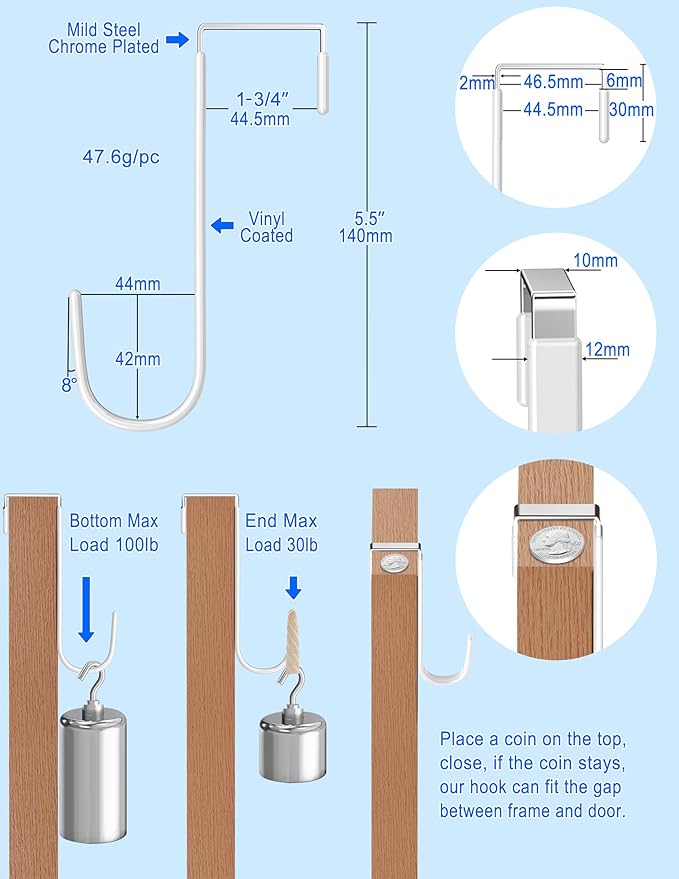 Over The Door Metal Hooks with Plastic Coating 5.5" Fit 0.5" to 1 3/4" Door 4 Pcs Heavy Duty Single Towel Robe Rack Wreath Bathroom Shower Hanger Shoe Organizer Ironing Board Short White