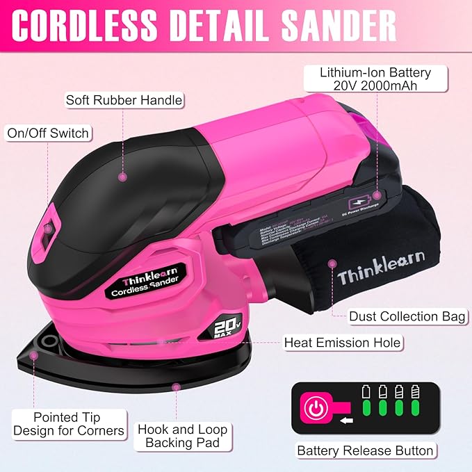 Cordless Detail Sander with 2Pcs Batteries and Charger, 20V 2Amp Electric Power Hand Sander with 22Pcs Sandpapers & Dust Collection System, Palm Sanding Tool for Woodworking, Polishing Wood Furniture