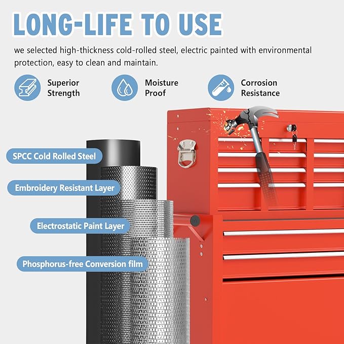 8 Drawer High Capacity Rolling Tool Chest, Tool Box with Wheels and Drawers, Detachable Toolbox with Lock, Heavy Duty Metal Tool Cabinet for Workshop, Warehouse and Garage (Red)