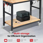 Workbench for Garage with Wheels 60 x 22 Inch Heavy Duty Rubberwood Tabletop Work Table with Under Table Shelf, Pegboard, Power Outlets for Woodworking Shop Home Office