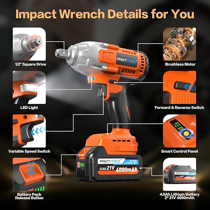Cordless Impact Wrench, 665Ft-Ibs (900N.m) 1/2" Electric Impact Wrench, 21V Power Impact Drill with 2x 4.0Ah Battery, 6 Sockets, 8 Drill, 6 Screws, Impact Gun Variable Speeds for Car/Truck/Mower