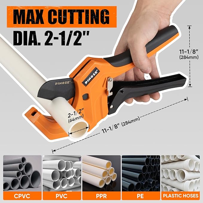 PVC Pipe Cutter Cuts up to 2-1/2”, Aluminum Ratchet Pipe Cutter Tool Heavy-Duty for PVC, PPR, PE, PEX, Plastic Hoses & Plumbing Pipes, Fast Pipe Tube Cutters with Teflon Coated SK5 Blade